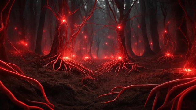 Dark Forest with Glowing Red Bio-Organic Roots Generative AI