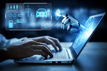 Fototapeta premium AI manages EV charging dashboards by tracking battery status, optimizing renewable power use, and reducing carbon emissions through smart energy monitoring Vouch