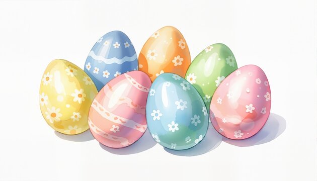 Set of watercolor Easter eggs on white background.
