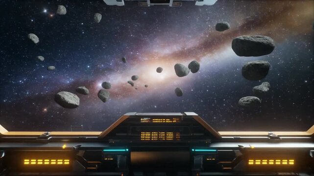 Futuristic Spaceship Interior View of Asteroid Field and Galaxy Generative AI