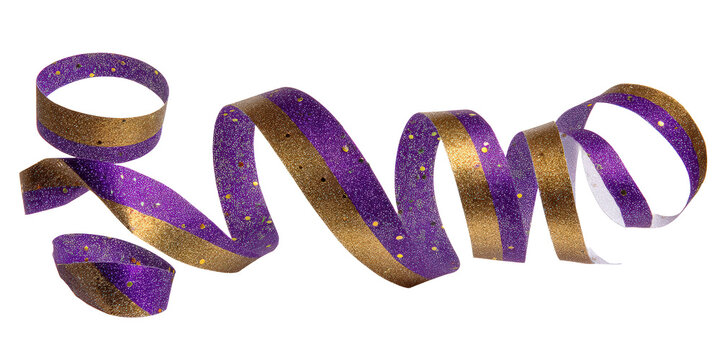 Purple and Gold Glitter Ribbon Curls on a Transparent Background for Festive Decoration Isolated Clipart Cutout Element