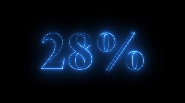 28% percent neon glowing sign Online shopping, discount and sale concept blue color on black background. Glowing neon number 28 Percent Discount neon animation. 4k animation .