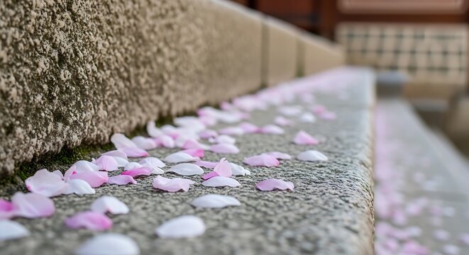 Scattered delicate pink and white cherry blossoms petals along concrete ledge beside traditional stone wall, serene springtime atmosphere, soft natural lighting, peaceful urban park setting