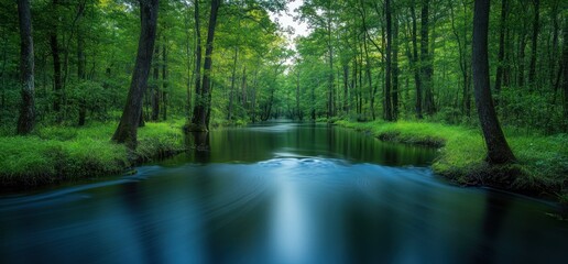 Obraz premium Serene River Flowing Through a Lush Green Forest Landscape.