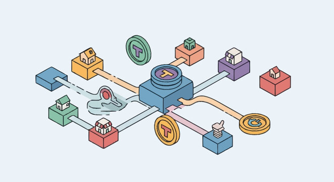 Digital Network Illustration with Central Hub and Connected Devices.