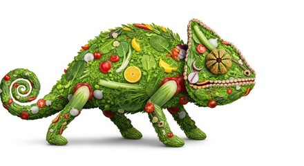 Fototapeta premium Creative chameleon made of fresh vegetables and fruits