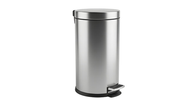 Cylindrical stainless steel pedal bin with a matte finish and a black base, isolated on a transparent background for easy integration into designs.