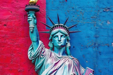 Obraz premium Statue of Liberty with Red and Blue Background - A Symbol of Freedom.