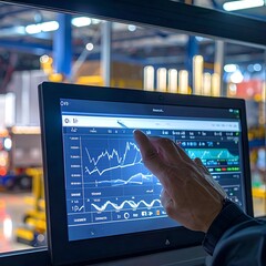 Person interacting with a screen displaying data, warehouse in background
