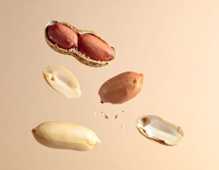 Peanuts in various stages of being opened, floating in mid-air