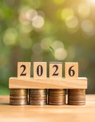 Wooden blocks reading "2026" with growing sprout on coins against bokeh