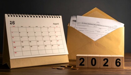 Calendar and form beside an envelope and 2026 blocks, tax season theme