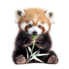 Fototapeta premium Baby Red Panda Eating Bamboo Isolated on white background