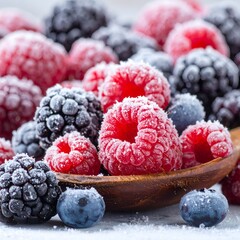 Close-up of mixed frozen berries in a wooden spoon, detail