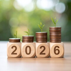 Coins with growing plants atop numbered blocks, symbolizing growth
