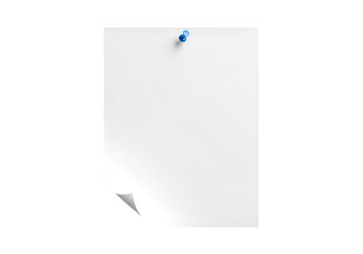 A white piece of paper with a blue push pin isolated on transparent background