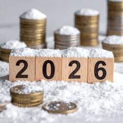 Wooden blocks spelling "2026" with snowy coins in the background (1)