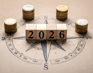 Wooden blocks spelling "2026" on a compass, surrounded by coin stacks