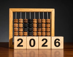Wooden abacus and blocks display the year 2026