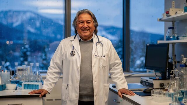 Joyful smiling indigenous male doctor lab coat with stethoscope research laboratory with snowy mountain view confident warm scientist conducting