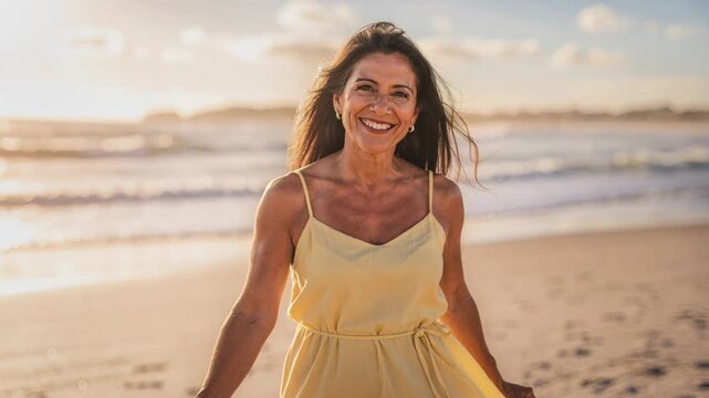 Smiling mature latina woman joyful beach sunset yellow dress joyful mature latina woman smiling beach sunset wearing yellow dress windblown hair