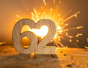 Wooden "62" with heart-shaped hole, sparked by a burst of fire