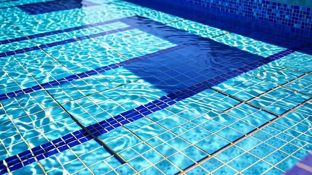 Slow motion cinematic shot of crystalline blue swimming pool water rippling under intense midday sun, caustic light patterns dancing across mosaic tiles