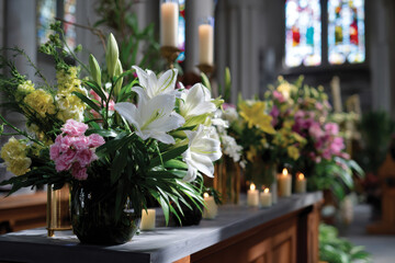 Elegant flower arrangements adorn a church altar, creating a serene atmosphere enhanced by candles and stained glass, perfect for spiritual occasions.