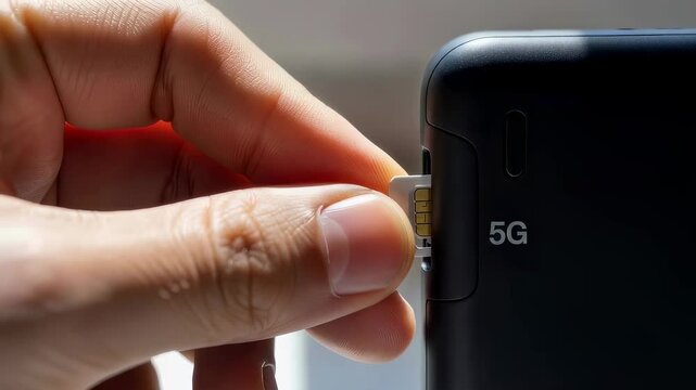 Woman inserting sim card into 5G smartphone. Telecommunication technology for mobile device. Internet access and digital communication concept.