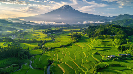 green rice field with traditional Japanese local village of Japan at Mount Fuji, one of the most visit destination of the world for traveler. 
