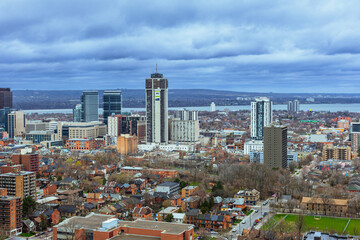 Aerial view of Hamilton Ontario city skyline with Lake Ontario on horizon © Teresa