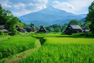 green rice field with traditional Japanese local village of Japan at Mount Fuji, one of the most visit destination of the world for traveler.	