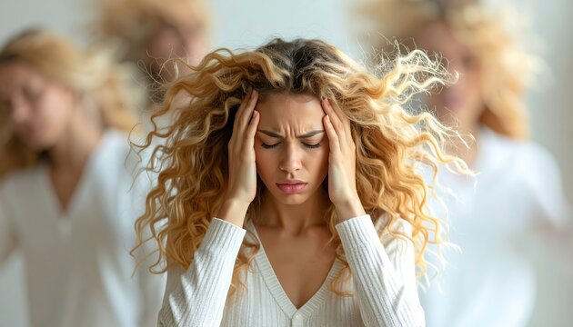 A woman with flowing hair gripping her head while people move around her in a hectic stressful moment