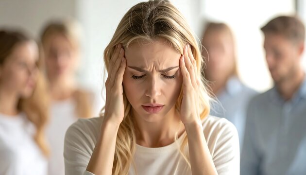 A focused woman pressing her temples alone against a soft background expressing quiet mental strain