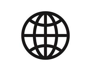 A simple black line drawing of a globe on a white background
