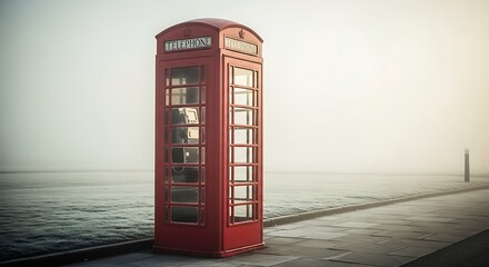 Obraz premium Vintage red British telephone booth standing alone on foggy coastal pavement near calm ocean waters at dawn, nostalgic travel and heritage concept