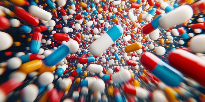 Abstract explosion of capsules and pills, conveying pharmaceutical diversity, medical treatment, supplements, and modern healthcare technology