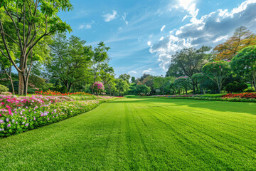 Obraz premium gardening design of green manicured lawn, green backyard with colorful blooming flower beds landscape.