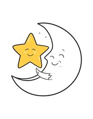 A smiling star and crescent moon hug