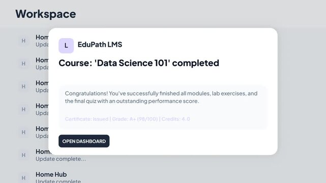 Online Education Course Completion Notification UI, Digital Learning Management System Dashboard, Academic Success Alert Video