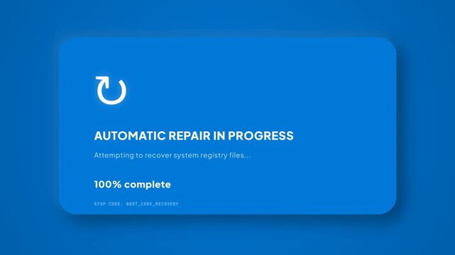 Automatic System Repair in Progress Animation with Registry File Recovery Status and Loading Bar for OS Maintenance Simulation