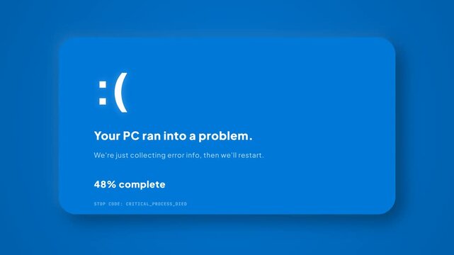 Critical Process Died Blue Screen of Death Animation with PC Problem Notification and System Error Loading Progress