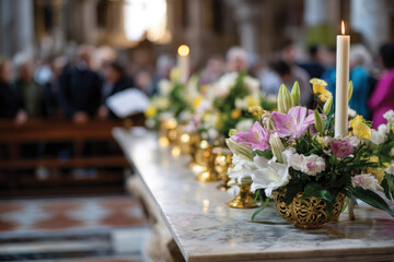 A stunning array of colorful flowers captured on a church altar, providing an ambiance of devotion and beauty at a significant religious service or event.