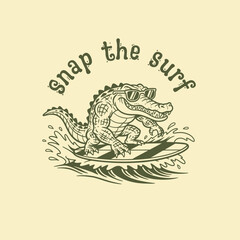 Cool alligator surfing with sunglasses on a surfboard.