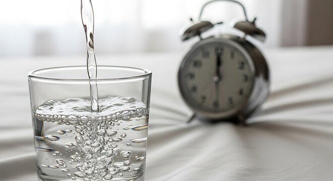 Water pouring into a glass, with a blurred alarm clock in the background on a white surface