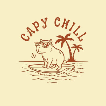 Cool Capybara Surfing with Sunglasses on a Wave.