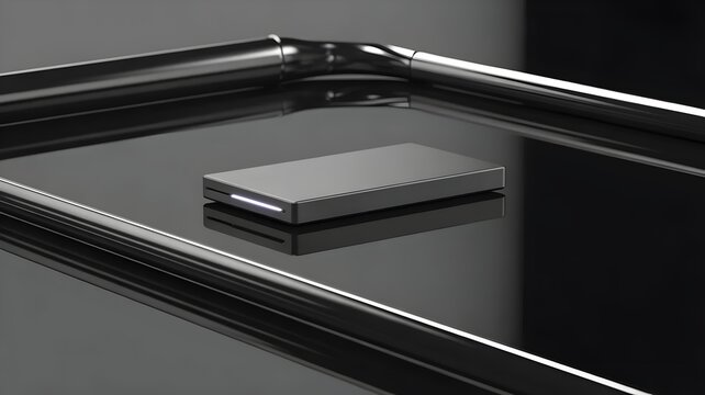 Sleek silver solid-state drive on black glass &ndash; For backup tech.