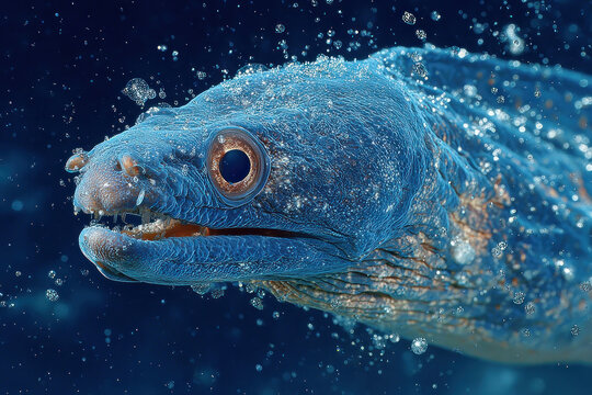 A detailed underwater portrait of a conger eel in its natural aquatic environment.  