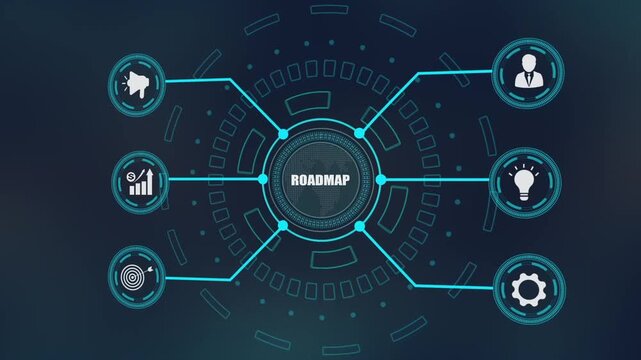 Digital Business Roadmap Strategy, Corporate Future Planning, Global Network Development, Innovative Marketing Path, Modern Technology Growth Journey.
