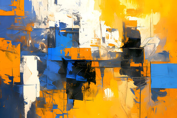 抽象的な油絵のテクスチャ背景 青と黄色の幾何学的なモダンアート